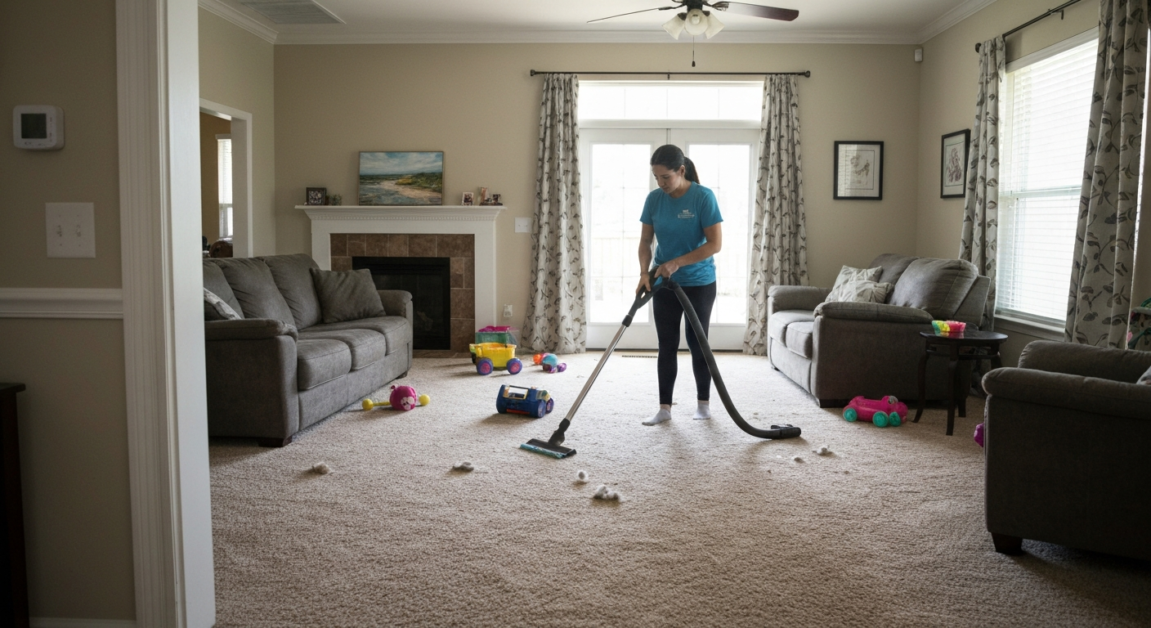 Professional cleaner vacuuming a large Orlando home with pet debris, illustrating how size and pet presence affect cleaning costs.