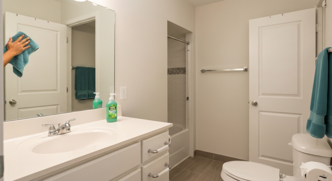 A pristine bathroom in an Orlando apartment being polished by a cleaner.