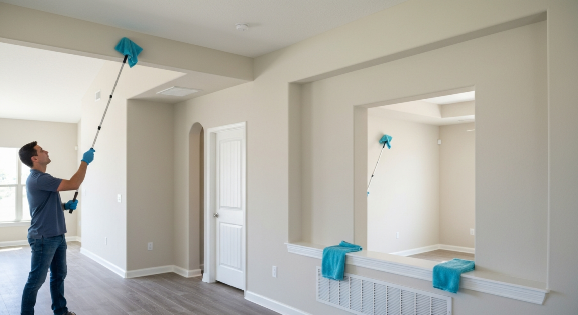 Professional cleaners attending to air vents and high ledges in newly renovated Orlando home