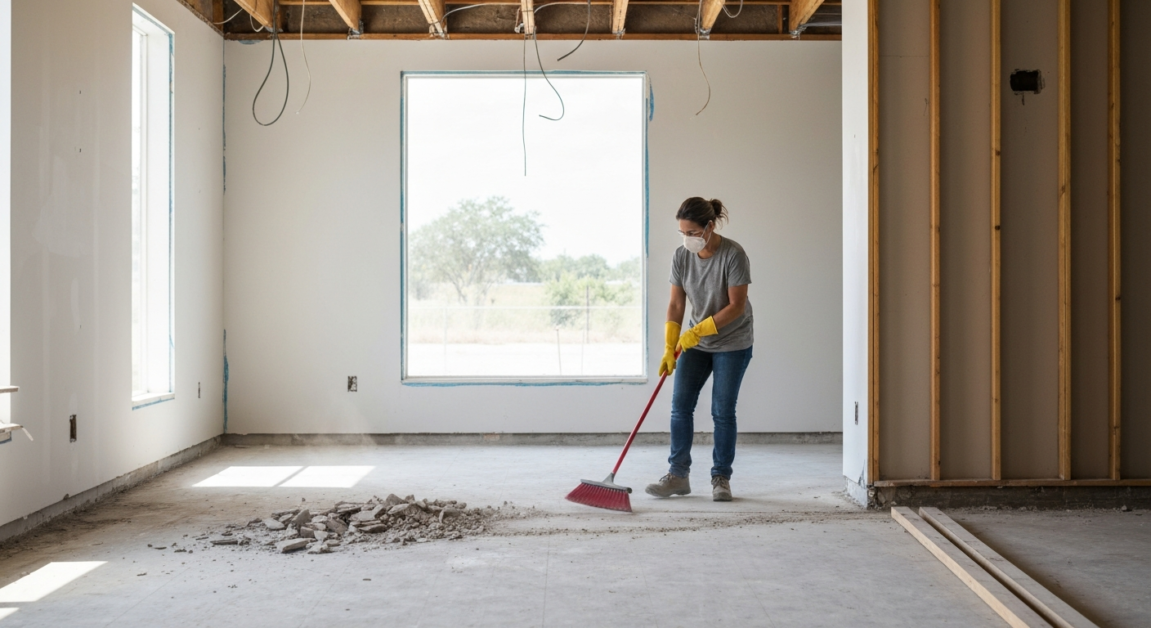 Cleaner removing debris and dust from a construction site in Orlando