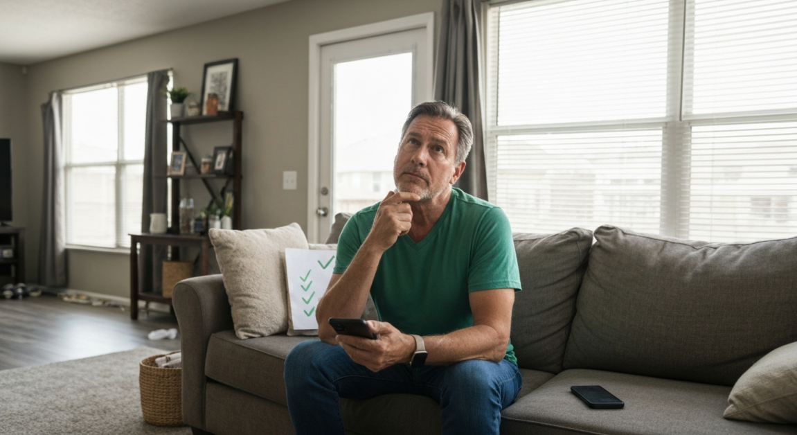 Orlando homeowner deciding between DIY and professional move-out cleaning, holding checklist and phone in rental property.