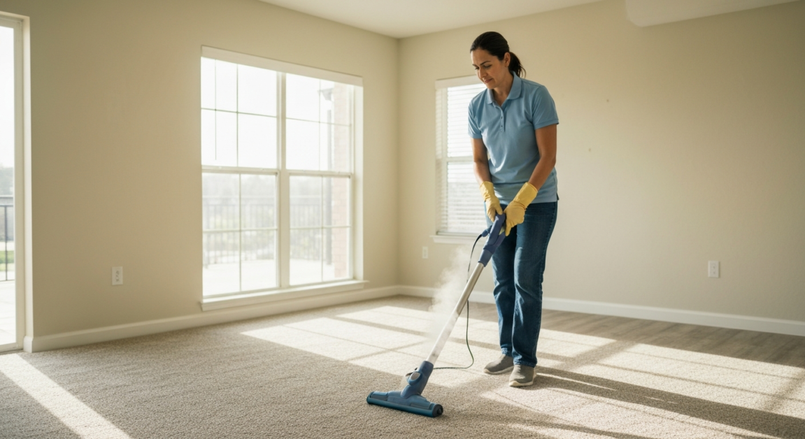 Professional cleaner uses steam cleaner on carpet in Orlando apartment for realtor-ready standards.