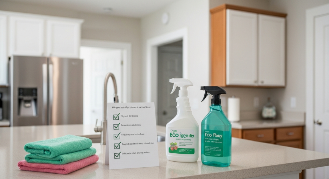 Organized move-out cleaning checklist and eco-friendly supplies in Orlando apartment kitchen.