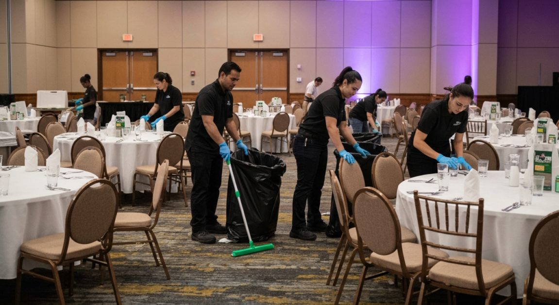 Orlando party cleanup professionals at work in a large event space after a corporate gathering.