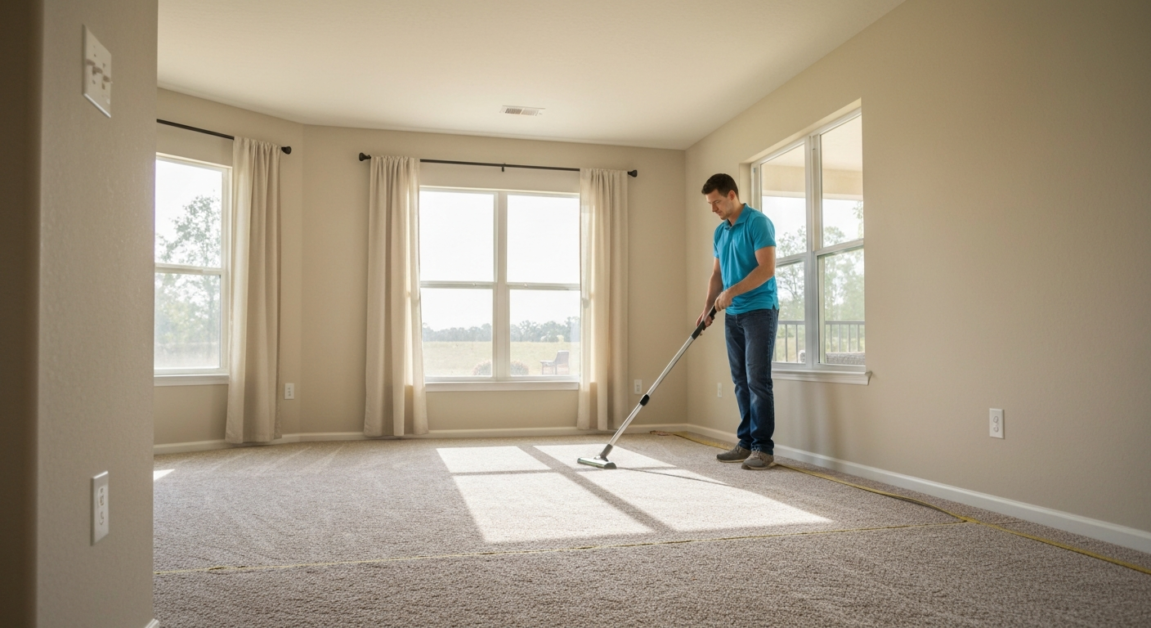 An Orlando living room with vacuumed carpets and a cleaner working in the corner.