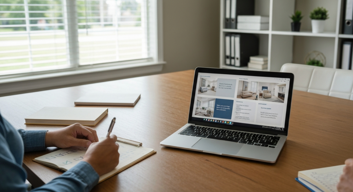 Person comparing cleaning service packages on a laptop in an Orlando home office setting.