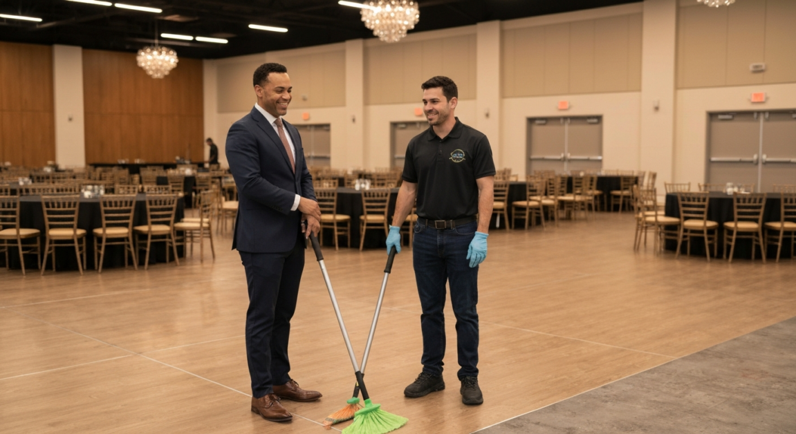 Event host and cleaning crew conducting a post-event walkthrough inspection in an Orlando venue.