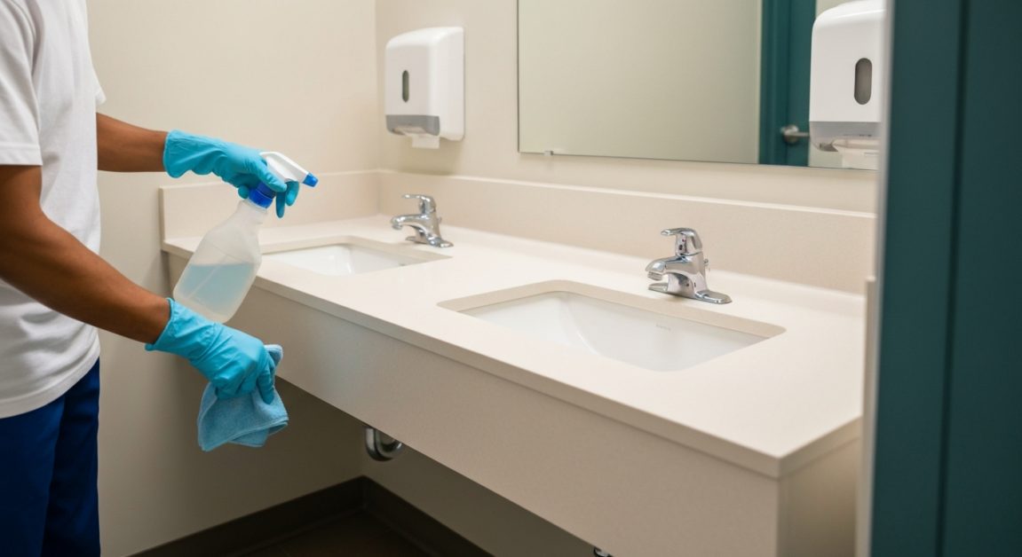 Professional cleaner disinfects office restroom sink in Orlando to prevent bacteria spread.