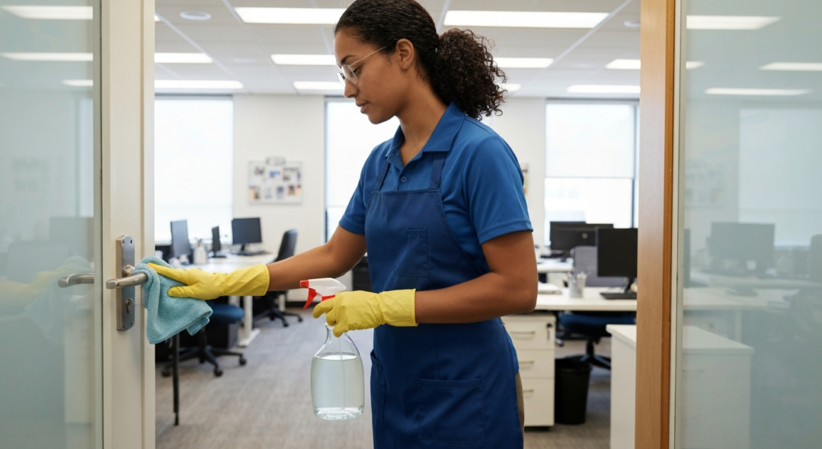 Cleaner disinfects door handle in Orlando office to reduce cross-contamination and ensure safety.