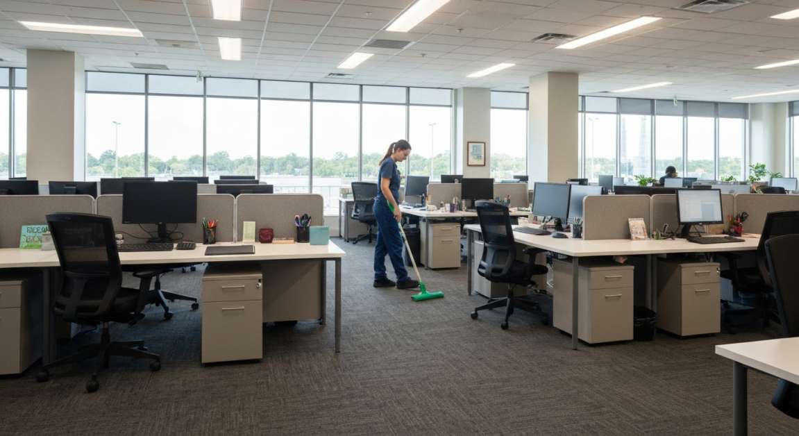 Office cleaning in progress in Orlando showing vacuuming between desks to support a healthy workspace.