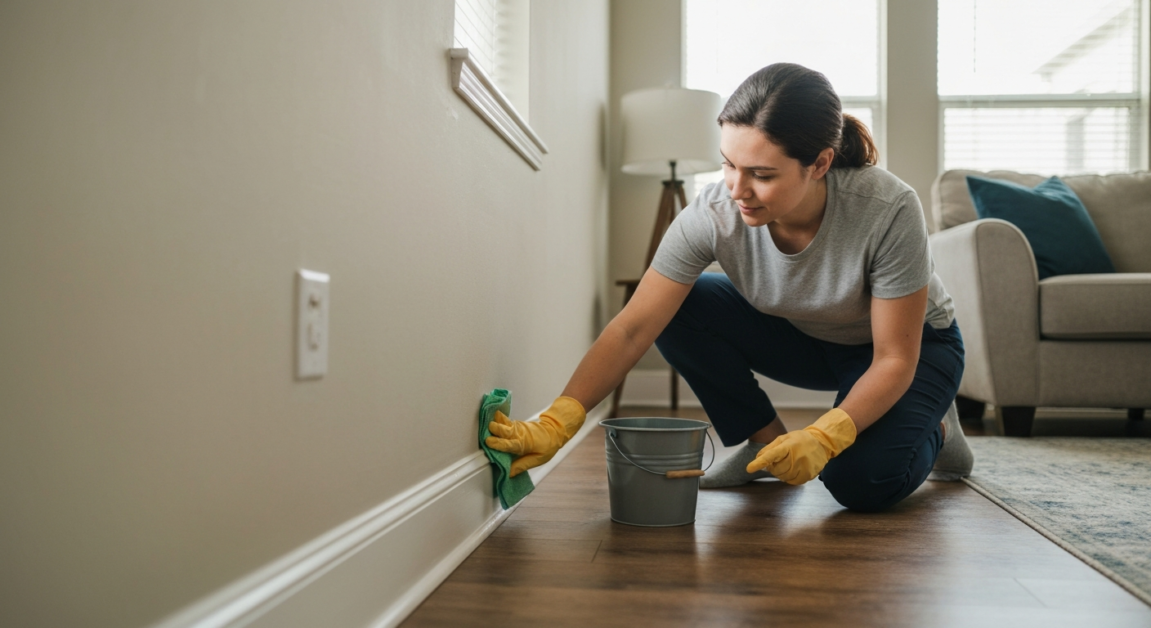 Professional cleaner deep cleaning baseboards in an Orlando home, emphasizing deep cleaning thoroughness.