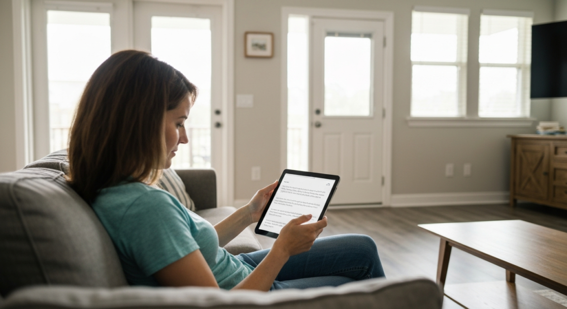 Orlando homeowner reading cleaning service testimonials on a tablet, highlighting the role of reviews in selecting services.