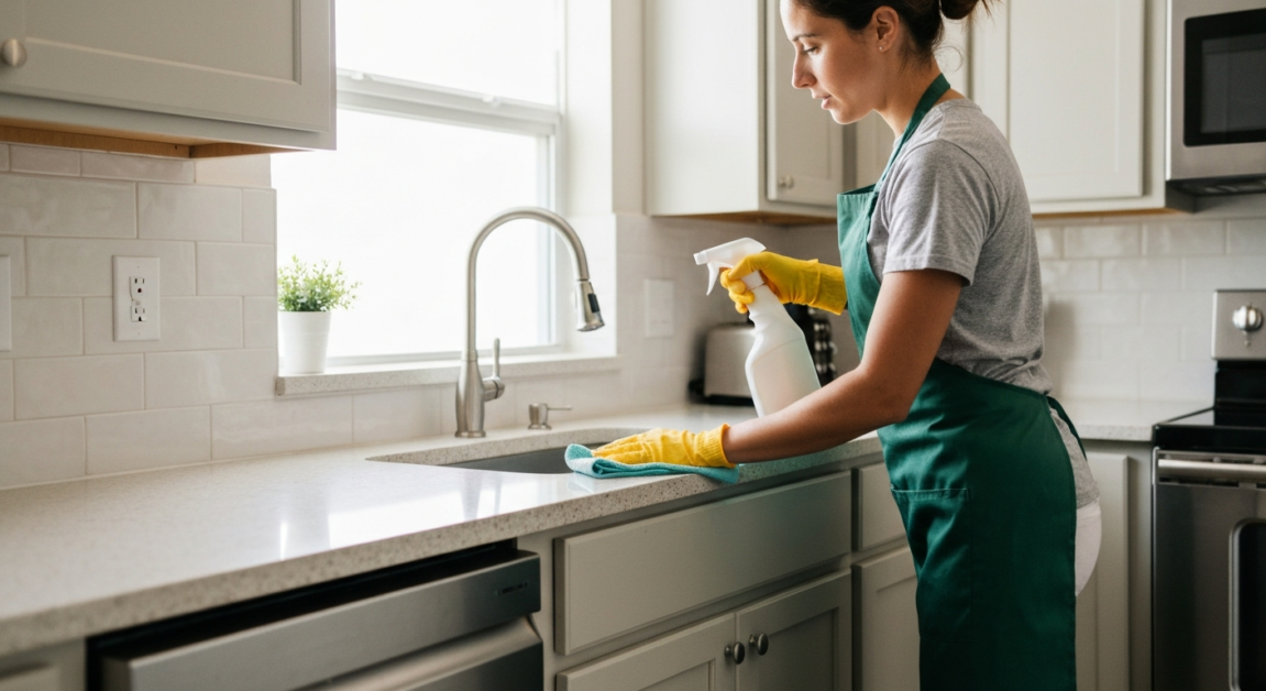 Eco-conscious professional cleaning in an Orlando kitchen with reusable spray bottles and cloths.