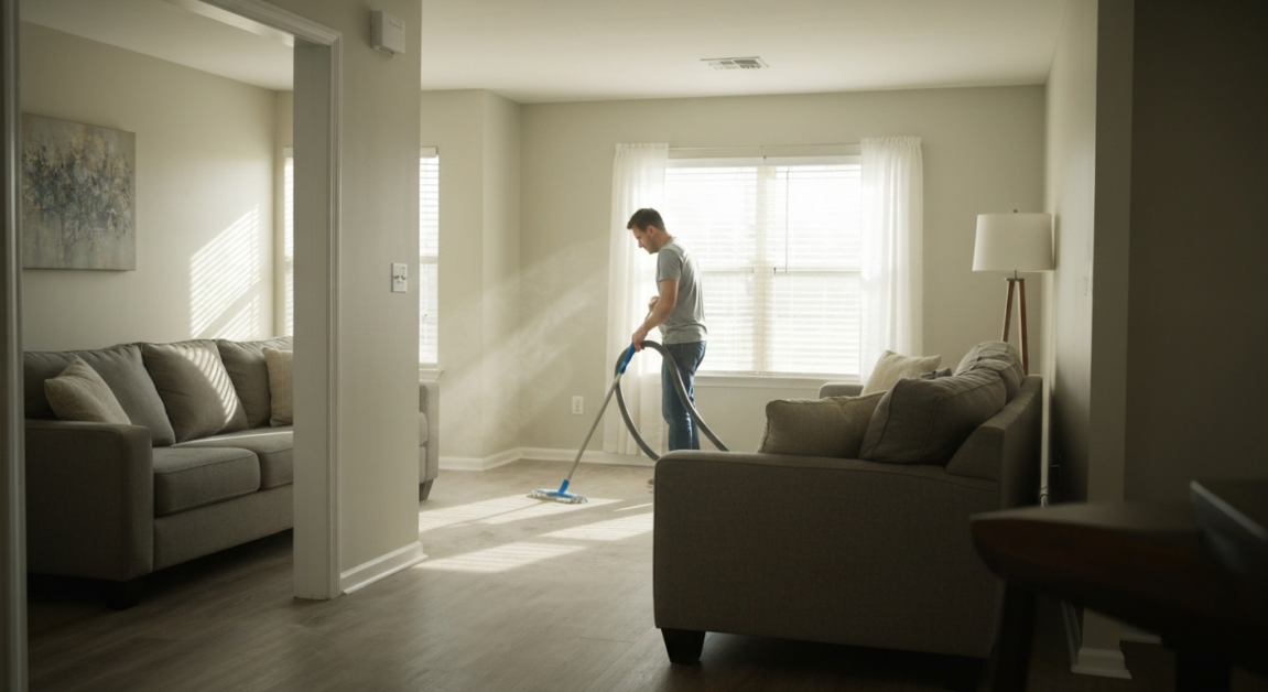 Homeowner using vacuum and mop in post-renovation Orlando home, illustrating DIY cleaning for small projects