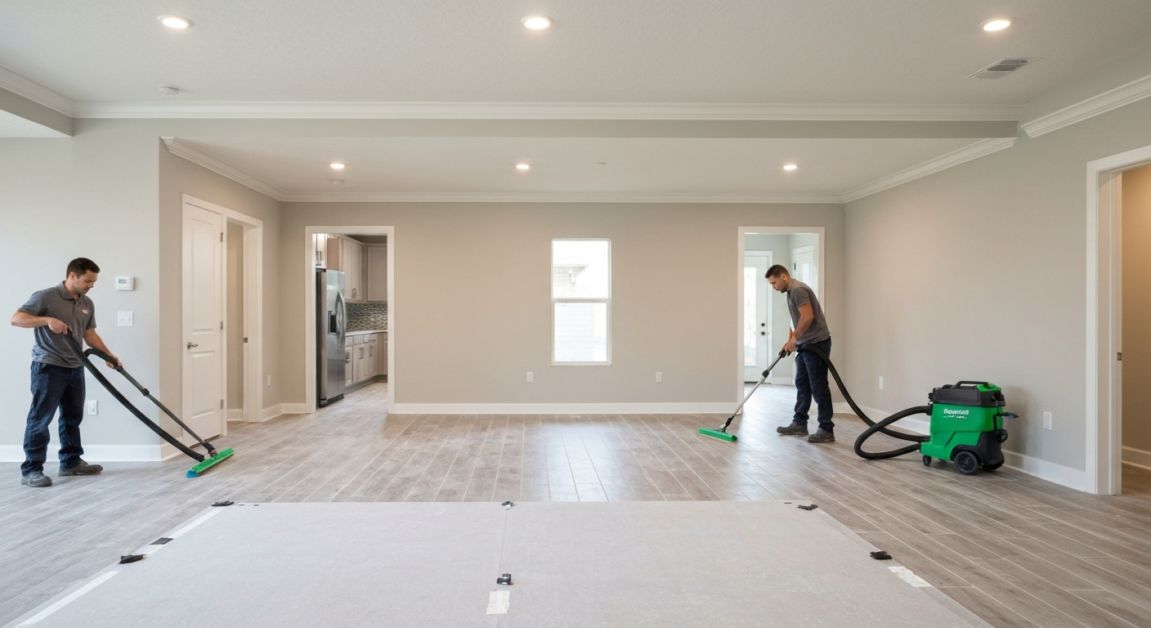 Professional cleaners using industrial-grade equipment in a large renovated Orlando apartment