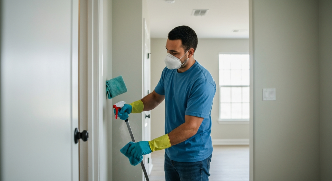 Professional cleaner in Orlando wearing PPE during post-construction cleaning, ensuring safety and thoroughness