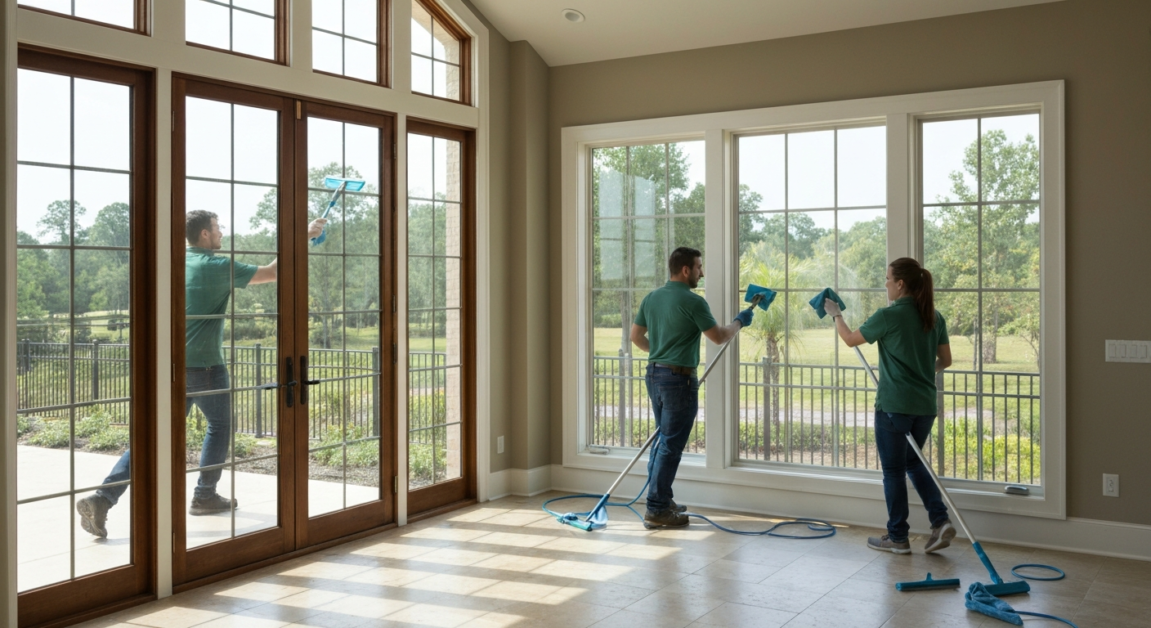 Professional cleaners working on large windows in an Orlando home, emphasizing the time needed for cleaning unique features.