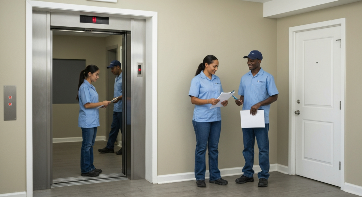 Orlando apartment hallway with cleaning crew coordinating tasks near open elevator, illustrating move-out logistics.