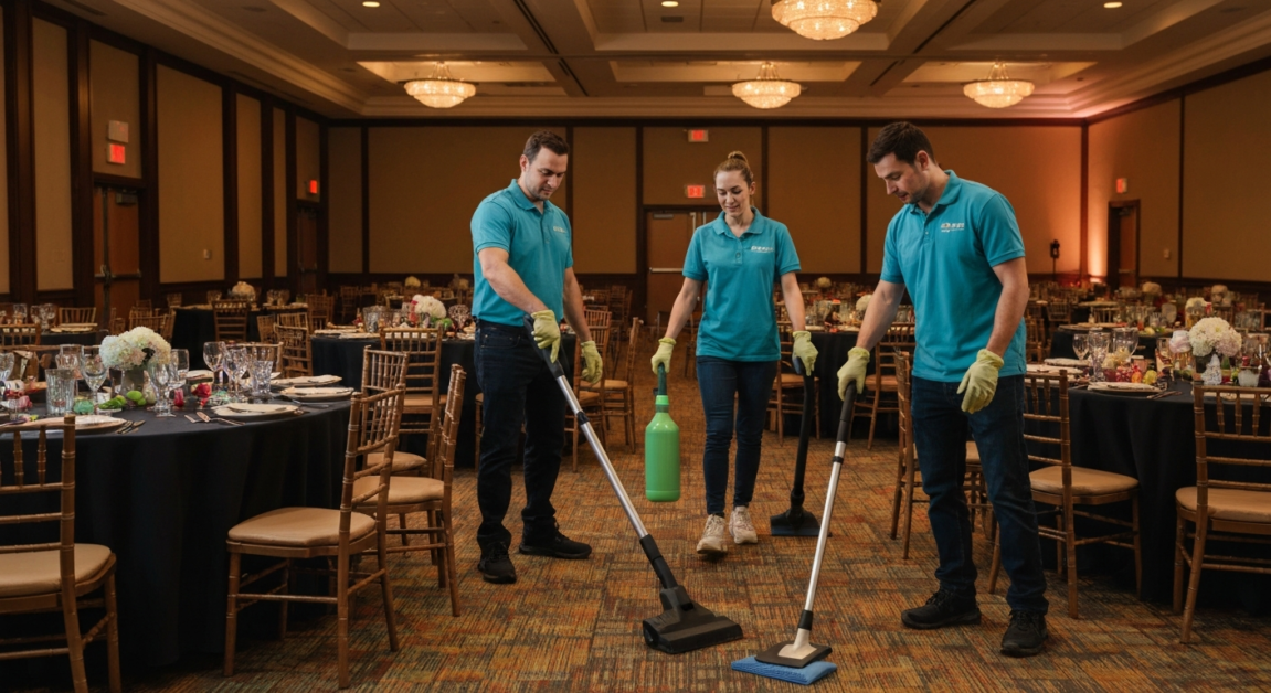 Professional cleaners conducting a same-night cleanup in an Orlando event space, showing cleaning tools and efficient workflows.