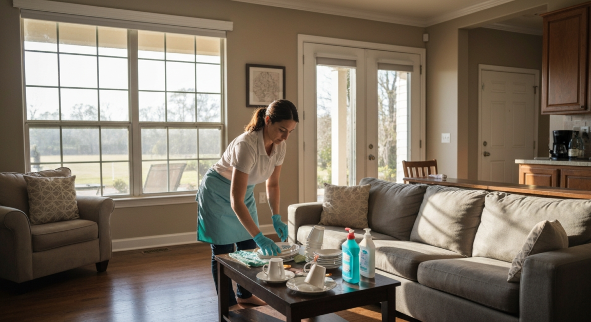 Professional cleaner tidying up after an event in an Orlando home living space the morning after, showing organized and efficient cleaning actions.