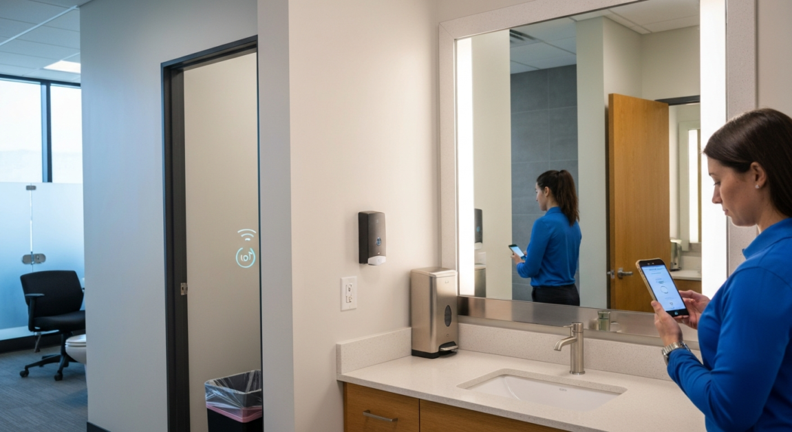 Orlando office restroom with IoT sensor alerting cleaning needs
