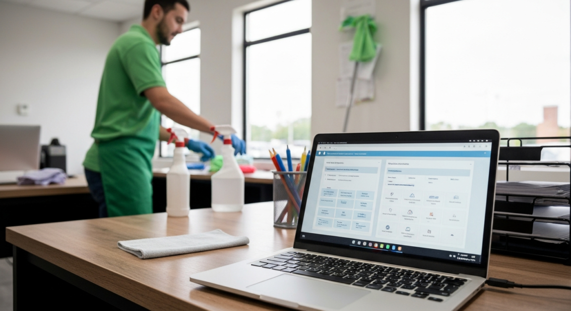 AI optimizing cleaning schedule on laptop in Orlando office