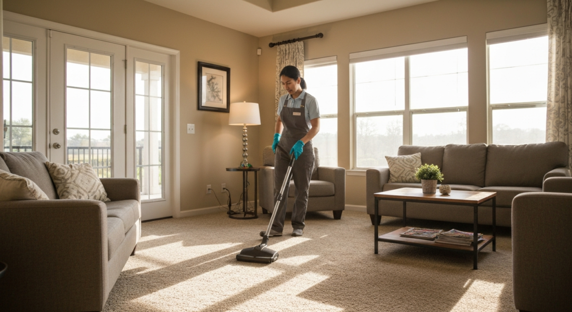Cleaner vacuuming a carpet in an Orlando living room, maintaining an inviting home environment.