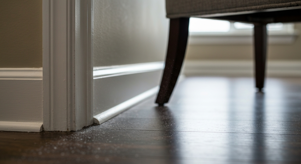 Dust particles accumulated in the corner of an Orlando home living room, highlighting typical dust gathering spots.