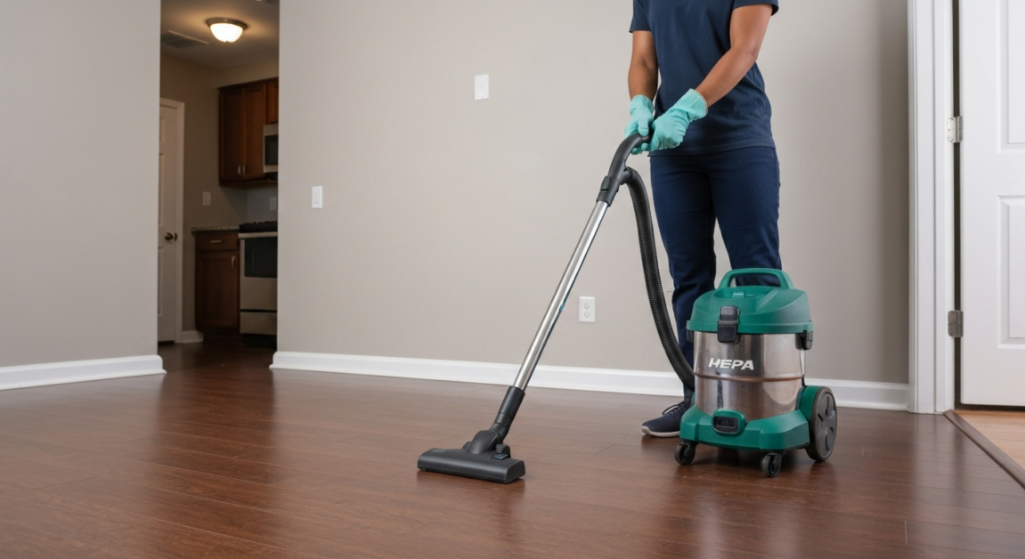 Professional cleaner in Orlando using a HEPA vacuum on hardwood floors for superior dust removal.