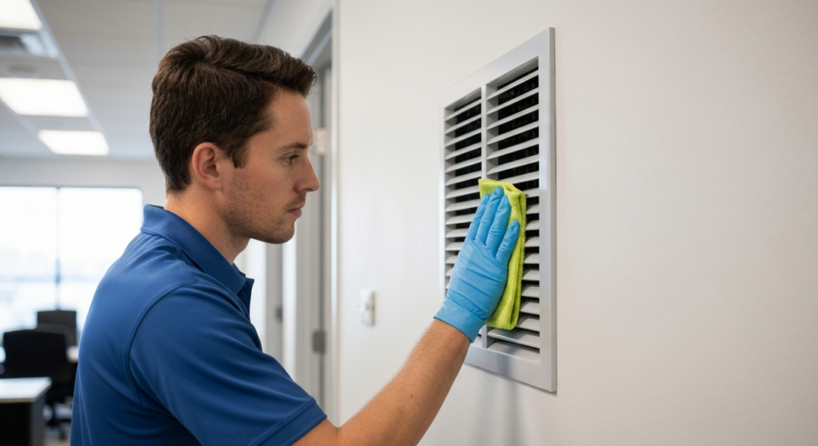 Cleaner uses a microfiber cloth to wipe an air vent, preventing dust buildup in an Orlando office.
