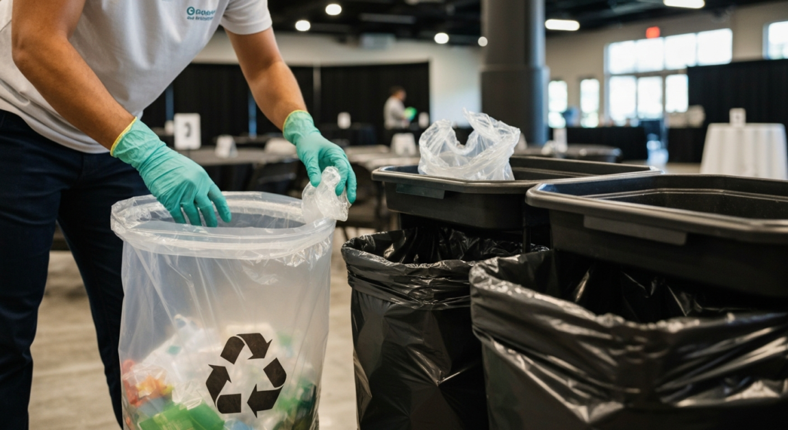 Trash segregation by professional cleaner in Orlando event space with clear and black bags