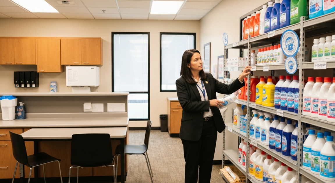 Office manager reviewing cleaning products with Green Seal and EPA Safer Choice certifications in an Orlando office breakroom.