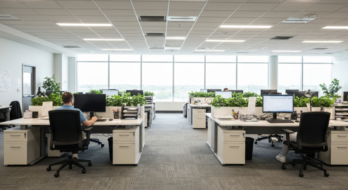 Employee working comfortably in a clean, eco-friendly Orlando office with improved air quality and natural light.