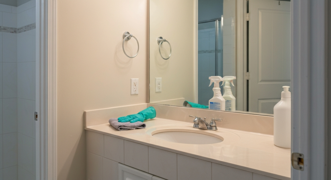 Inspection-ready Orlando bathroom after deep cleaning with gleaming tiles and spotless fixtures.