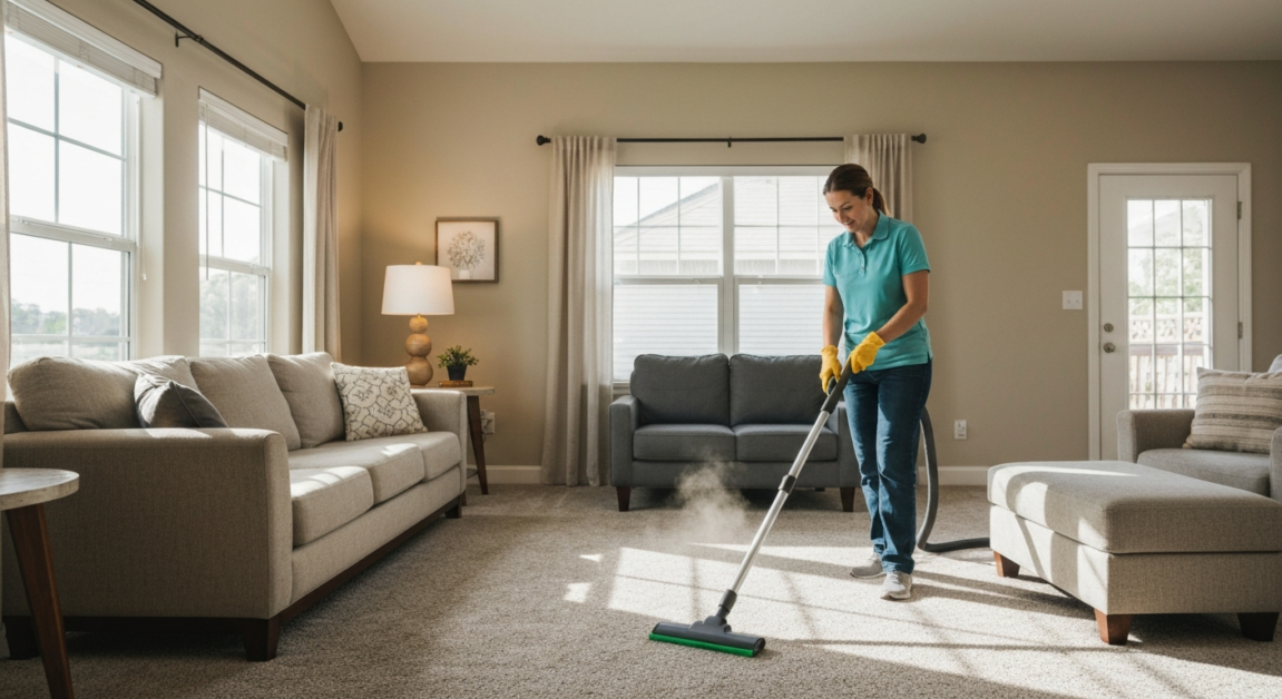 Professional cleaning service managing allergens by vacuuming a plush Orlando living room carpet.