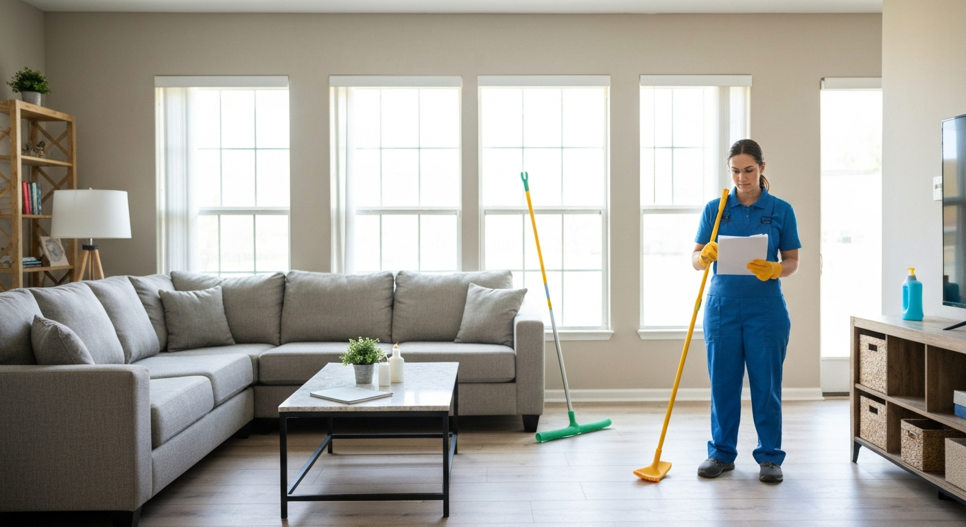 Professional cleaner inspecting final touches in an Orlando living room post-renovation.