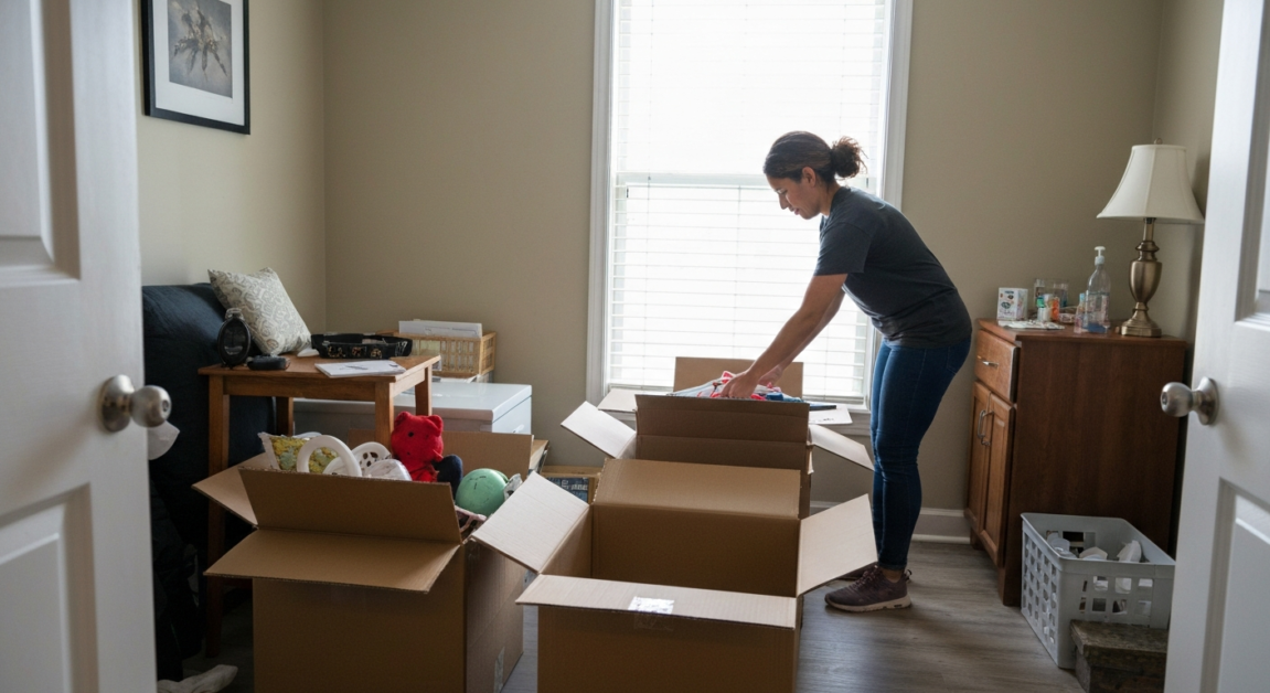 An Orlando apartment being decluttered with boxes and personal items organized efficiently.
