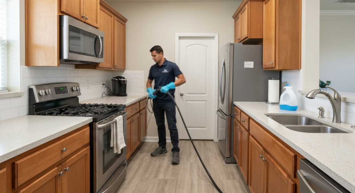Professional cleaner using water and electricity in an Orlando kitchen for move-out cleaning.