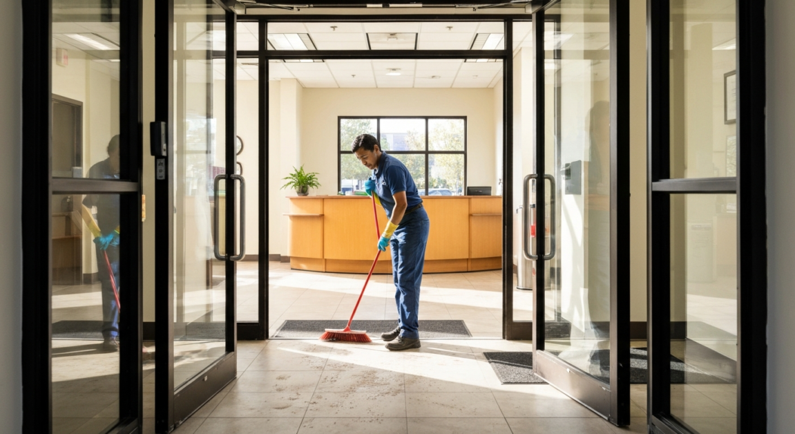 Professional cleaner sweeping an Orlando office entryway, demonstrating the importance of cleanliness in high-traffic areas.
