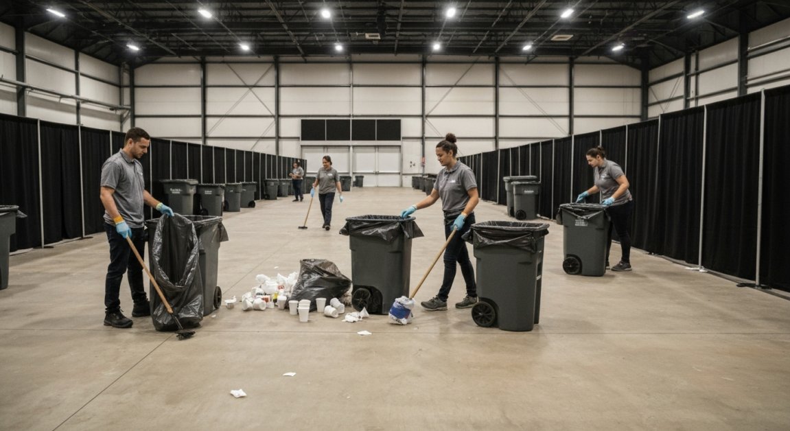 Orlando event space with strategic trash bin placement and cleaners removing debris
