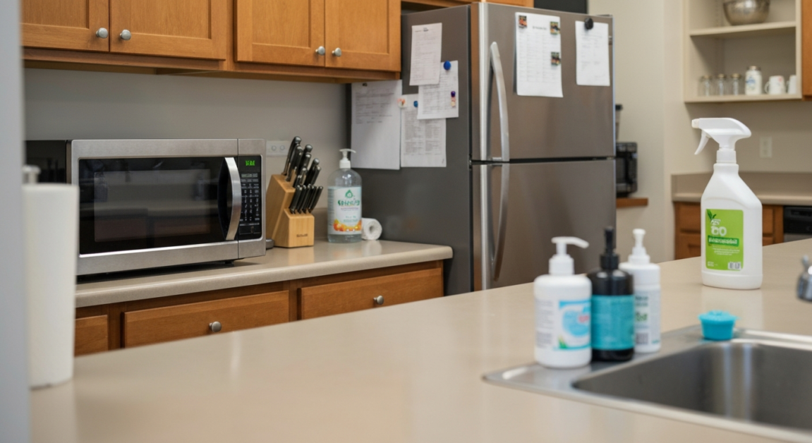 A clean and organized office kitchen in Orlando, showing hygienic conditions and proper maintenance.