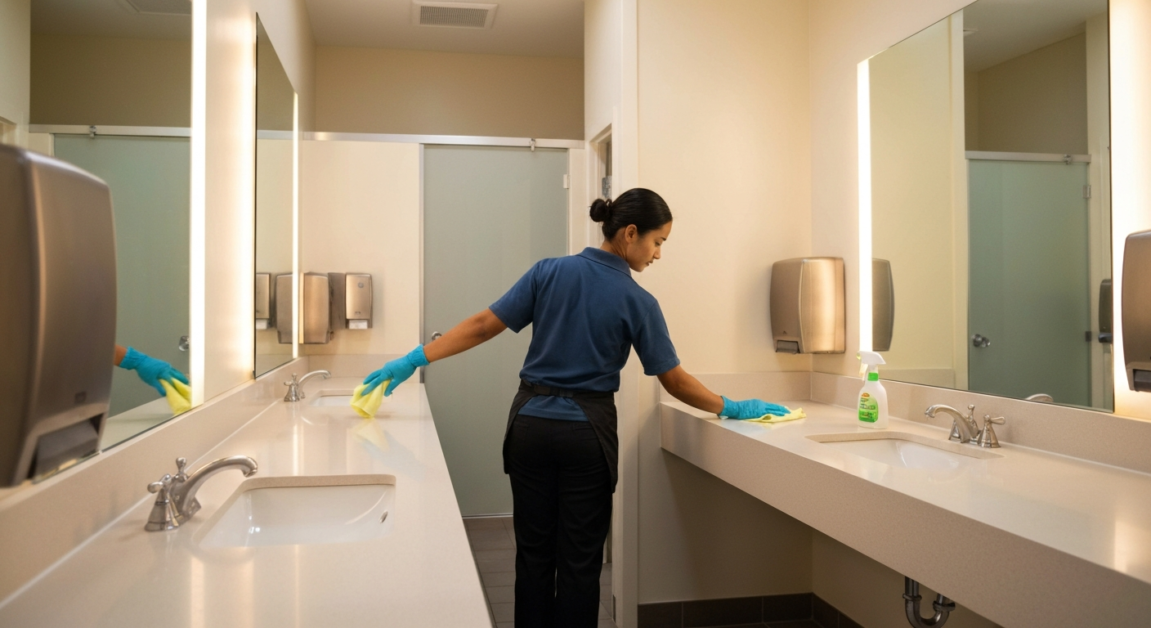 Professional cleaner using eco-friendly products to clean Orlando office restroom surfaces, ensuring daily maintenance.