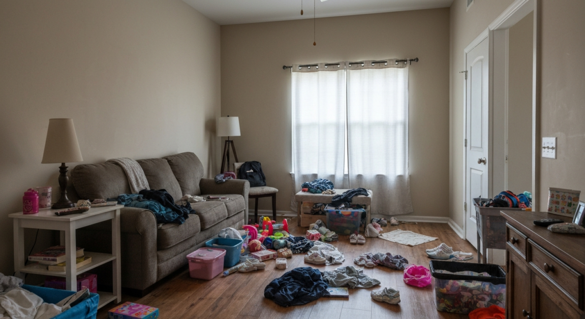 Orlando home living room cluttered with toys and clothes, suggesting being overwhelmed by housekeeping