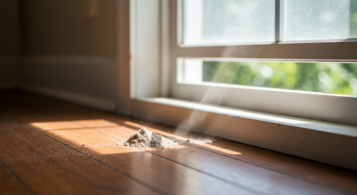 Dust accumulation on an Orlando home wooden floor highlighted by sunlight, indicating allergy issues