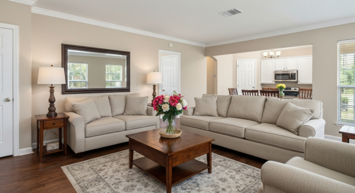 Clean and tidy guest-ready living room in an Orlando home with fresh flowers and arranged seating