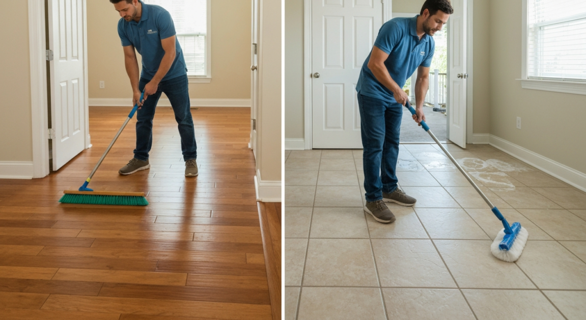 Professional cleaning different floor types in an Orlando home during post-event cleanup