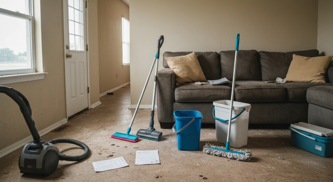 A cluttered living room in an Orlando rental with cleaning supplies scattered, depicting the potential consequences of not cleaning before move-out.