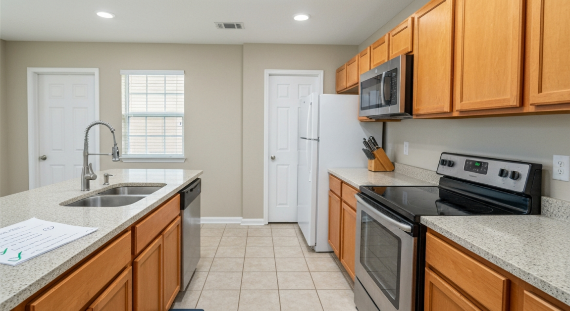A spotless and organized kitchen in an Orlando rental, ready for a landlord walkthrough inspection.