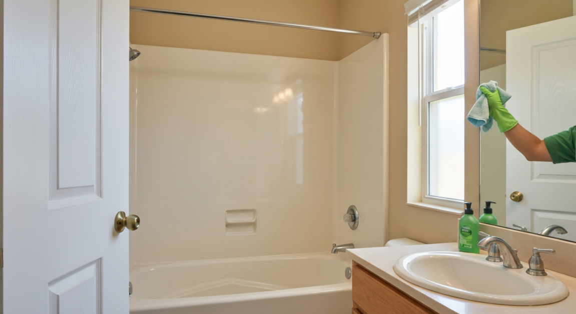 Professional cleaners in an Orlando rental bathroom with eco-friendly supplies ensuring thorough cleaning.