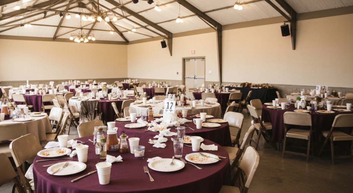 Post-event cluttered banquet hall in Orlando showing cleanup challenges with larger guest counts.